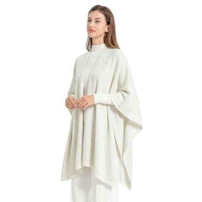 ZLYC Women's Shawl Golden Trim Knit Blanket Wrap Fringe Poncho Coat Cardigan - color: Solid White