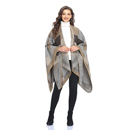 Shawl Wraps for Women, Elegant Knitted Cape Open Front Poncho Scarf Blanket Cardigan Coat for Spring, Autumn, and Winter - color: Gray Khaki