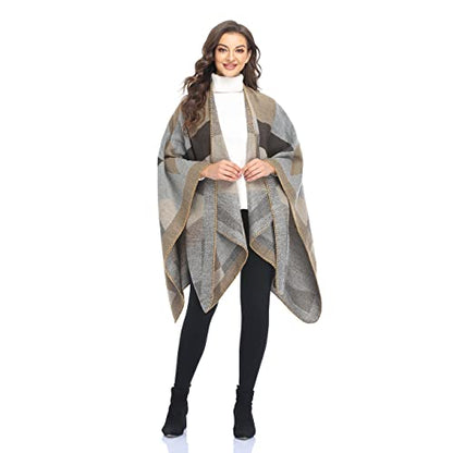 Shawl Wraps for Women, Elegant Knitted Cape Open Front Poncho Scarf Blanket Cardigan Coat for Spring, Autumn, and Winter - color: Gray Khaki