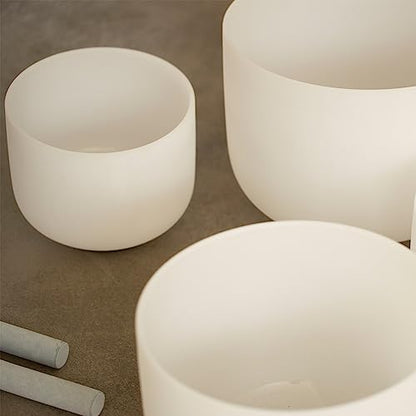 Hye-eun Crystal Singing Bowl Set 432Hz 7-Piece White Frosted Quartz Sound Bowls for Meditation, Chakra Healing & Yoga, includes Mallets & Beige Carrying Bags (6-12 inch, 7 Tones A B C D E F G) - color: 6-12inch 432hz White 7pcs
