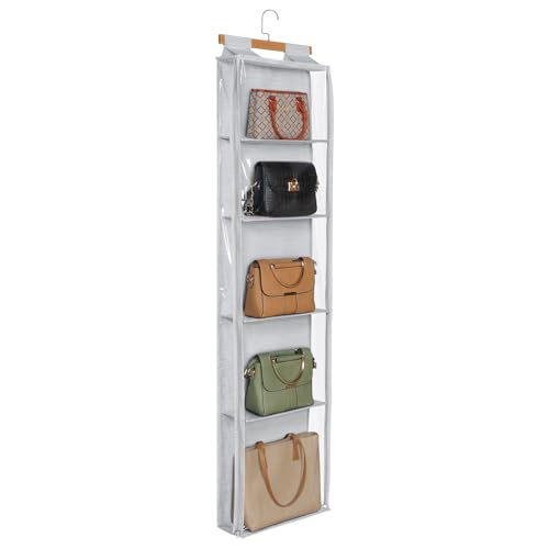 Hanging Handbag Purse Organizer with Zippers, 5 Mesh Shelves,Clear Slubbed Fabric+PVC Hanging Closet Bag Organizer, Dustproof Handbag Closet Tote Storage Bag for Door, Wardrobe, Shelf Rack