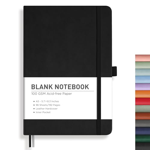 RETTACY Blank Journal Notebook, 192 Pages, A5 Medium Size (5.7'' x 8.3''), Leather Hardcover, 100 GSM Thick Paper, for Sketching, Drawing, Painting (Black) - color: Black, style: Plain