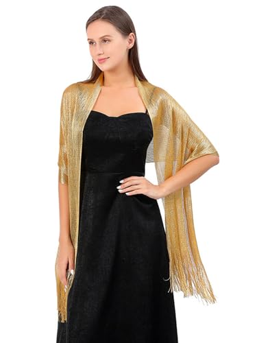 Sumolux Shawls Wraps for Evening Dresses Metallic Glitter Shawls Scarf for Women Sparkling Wedding with Free Buckle - color: Golden