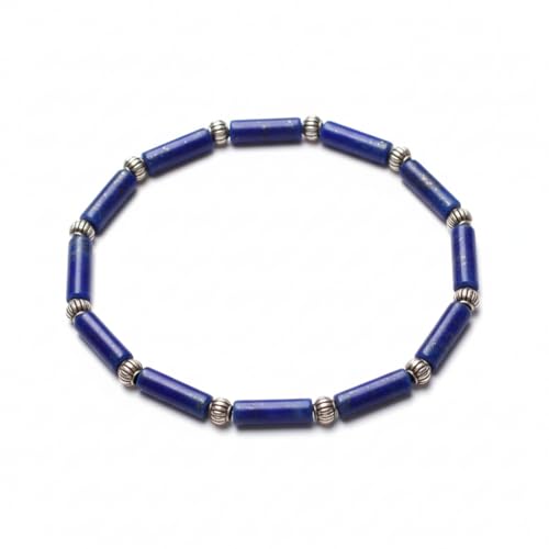 Lapis Lazuli Healing Bracelet – Real Crystal Beads for Stress Relief, Meditation & Chakra Balance – Natural Gemstone Jewelry Gift for Women & Men, Adjustable Stretch Fit - style: Tube Bead - Silver color Accent （no gift box）