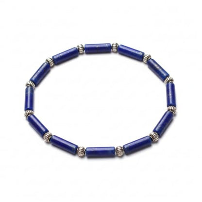 Lapis Lazuli Healing Bracelet – Real Crystal Beads for Stress Relief, Meditation & Chakra Balance – Natural Gemstone Jewelry Gift for Women & Men, Adjustable Stretch Fit - style: Tube Bead - Silver color Accent （no gift box）