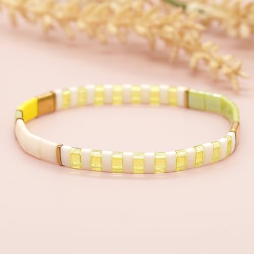 Tila Beaded Stretch Strand Bracelets for Women, Cute Boho Stackable Handmade Colorful Mixed Flat Square Beads Elastic Beach Surfer Bracelet Trendy Jewelry Friend Gift - color: 0901J