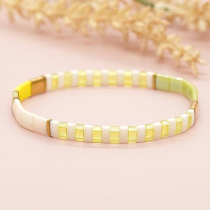 Tila Beaded Stretch Strand Bracelets for Women, Cute Boho Stackable Handmade Colorful Mixed Flat Square Beads Elastic Beach Surfer Bracelet Trendy Jewelry Friend Gift - color: 0901J