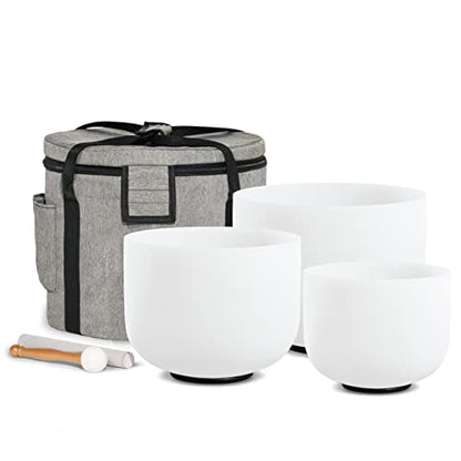 CVNC 440HZ 6" A Note 8" F Note and 10" C Note Frosted Quartz Crystal Singing Bowl Chakra Set of 3 with Carry Case Bag for Sound Healing Meditation - color: White-AFC, size: 6-10 inch