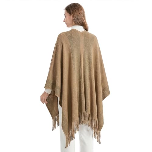 ZLYC Women's Shawl Golden Trim Knit Blanket Wrap Fringe Poncho Coat Cardigan - color: Camel