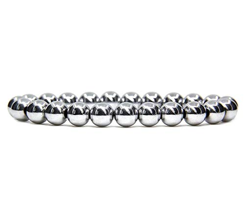 Angelstones Handmade Natural Healing Gemstone 8mm Round Beads Stretch Crystal Bracelet 7 Inch Unisex - color: White Hematite