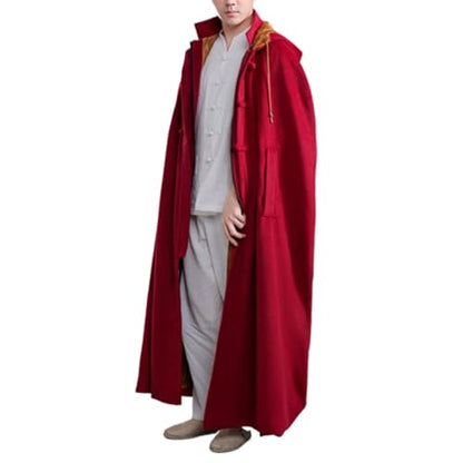 Meditation Prayer Hooded Cloak Long Button Down Unisex Cape Double Layer Warm Medieval Coat Poncho - color: Red, size: Medium