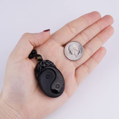 Black Obsidian Necklace Protection Pendant with Extended Bead Chain Healing Crystal Stone Amulet Necklace for Men Women - color: Tai Chi Yin Yang