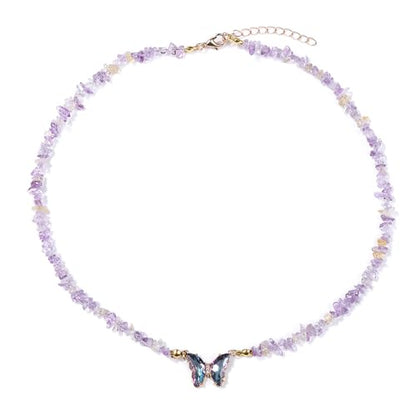 Bohemian Crystal Butterfly Necklaces Stress Relief Anxiety Yoga Pendant,Healing Natural Stone Mantra Choker for Women Teen Girls Friendship Birthday Mothers Day Gift Summer Beach Jewelry - color: Amethyst B