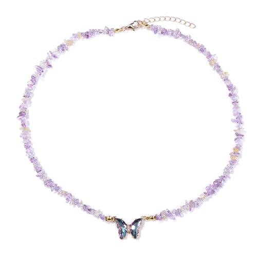 Bohemian Crystal Butterfly Necklaces Stress Relief Anxiety Yoga Pendant,Healing Natural Stone Mantra Choker for Women Teen Girls Friendship Birthday Mothers Day Gift Summer Beach Jewelry - color: Amethyst B