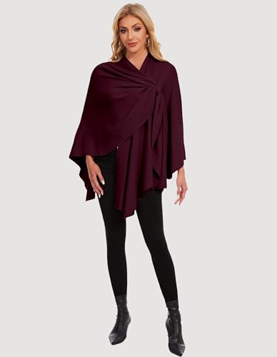 PULI Womens Elegant Cross Front Shawl Wraps Knitted Ponchos Cape Light Weight Poncho Sweater Soft Warm Travel Wraps - color: Burgundy