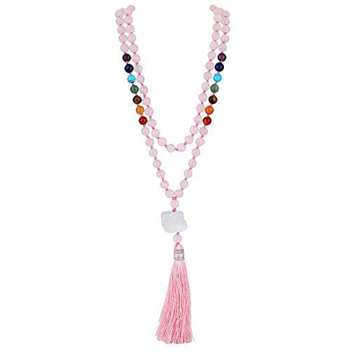 SUNYIK 7 Chakra Stone Buddhist Bracelet,Paryer Beads Necklace Strand for Meditation,Rose Quartz
