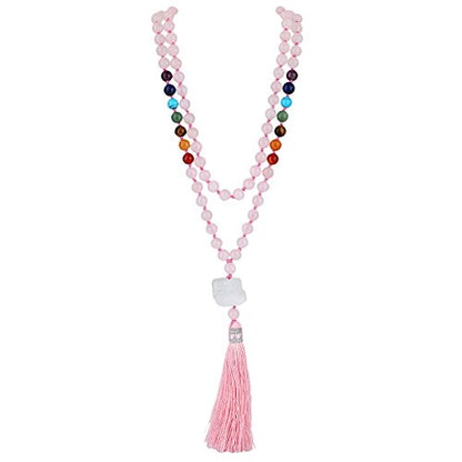 SUNYIK 7 Chakra Stone Buddhist Bracelet,Paryer Beads Necklace Strand for Meditation,Rose Quartz