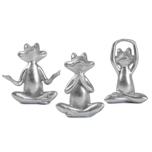 Silver Frog Figurines Yoga Decor Set of 3 –Frog Yoga Statues for Modern Living Room Table Office Bookshelf Shelves Home Sculptures Decor, for Mom Dad Women - color: Silver Frog-3