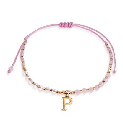 Pink Gold Beaded Natural Stone Initial Bracelets for Women Teen, Boho Handmade Personalized Gemstone Beads Letter Name Braided Rope Adjustable Bracelet Beach Bohemian Jewelry Gift - color: P