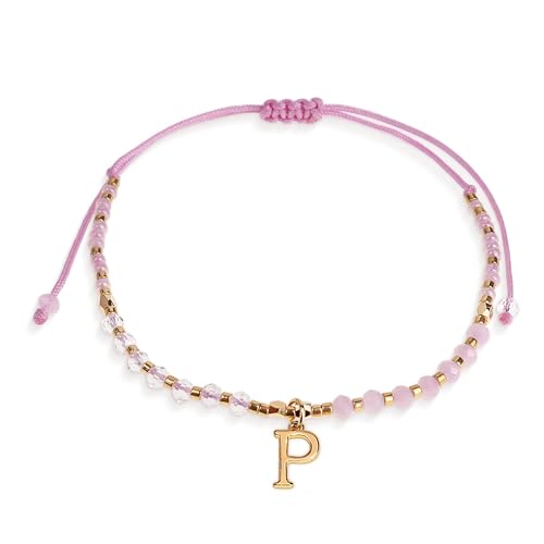 Pink Gold Beaded Natural Stone Initial Bracelets for Women Teen, Boho Handmade Personalized Gemstone Beads Letter Name Braided Rope Adjustable Bracelet Beach Bohemian Jewelry Gift - color: P