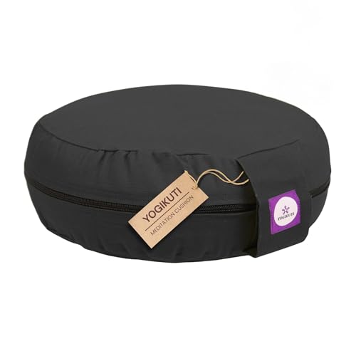 Yogikuti 100% Cotton Meditation Cushion (Round) with Handle | Firm & Comfortable Yoga Cushion | Removable Washable Cover | Floor Seating Support for Meditation, Yoga & Pranayama - color: Black