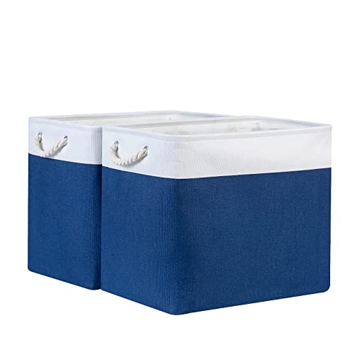 Bidtakay Large Canvas Organization Bins Set of 2 Navy Blue Rectangular Baskets 17x12x15 in for Blankets, Clothes, Towels, Dog Toys Storage - color: White&Blue, size: 2 Pack-XL-17x12x15 In