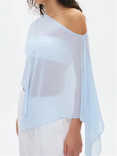 Women Chiffon Cape Shawls and Warps for Evening Dress Wedding Sheer Mesh Flowy Capelets Top - color: Baby Blue, size: Medium