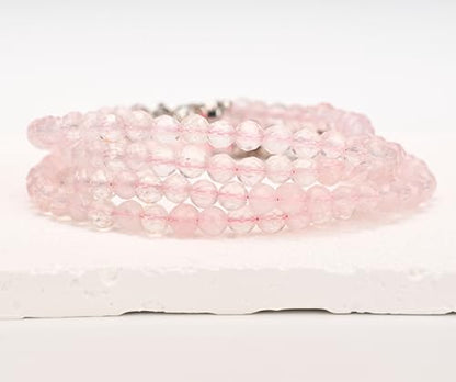 Crystal Bracelet for Women, Natural 4mm Faceted Beads Adjustable Bracelet, Small Beaded Healing Gemstone Bracelet - color: Rose Quartz