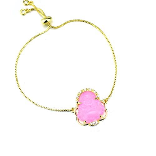 18K Gold Plated Laughing Buddha Link Bracelet Pendant Jade Natural Stone Cubic Zirconia Crystal Adjustable Lucky Gemstone Amulet Protection Jewelry for Women Men