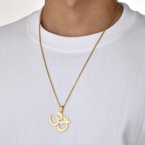 Stainless Steel Om Necklace for Men Women, gold plated/Silver/Black Yoga Charm Pendant Necklaces Aum Om Ohm Sanskrit Symbol Hindu Meditation Chain Necklace,Mens Womens Jewelry Gifts - color: Polished Gold