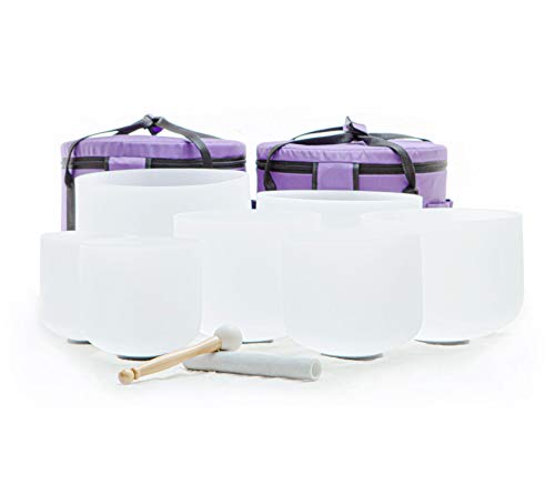 Leize Crystal Singing Bowl with Carrying Case, White, Set of 7 size 6-12" A-G Note 432 hz