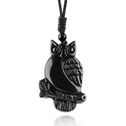 Black Obsidian Necklace Natural Crystal Amulet Protection Pendant with Adjustable Rope Lucky Talisman Necklaces Jewelry Gift for Men Women - color: Owl B