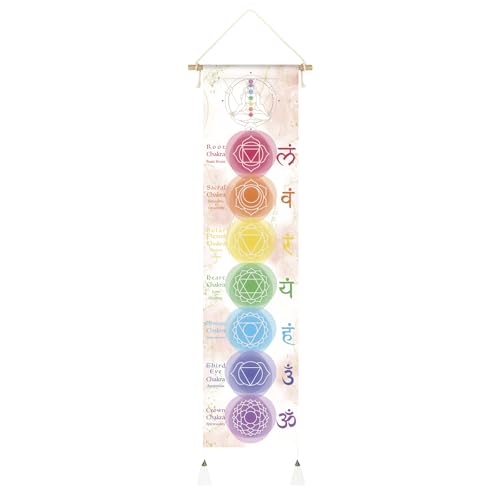 Hanging Poster Canvas Wall Art Banner for Meditation 7 Chakras Yoga Painting | Wall Hanging Tapestry Decoration Black and White | 33 x 135 cm (White) - color: Style-B White