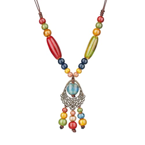 DS Boho Beaded Necklace for Women–Colorful Ceramic & African Tribal Beads, Adjustable Long Chunky Bohemian Jewelry with Gift Box Packaging,Hippie Witchy Vintage Handmade Fashion Statement Necklace - style: style-24