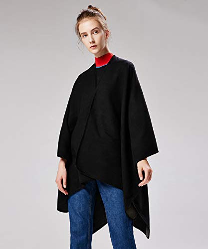 Women's Shawls and Wraps Open Front Poncho Cape Winter Sweater - color: A1- Black