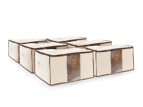 Covermates Canvas Storage Bag for Blankets, Clothes & Décor, 100% Cotton Breathable Fabric, Clear ID Window, Dual Zipper Closure, Carry Handles, Closet Organization, Natural - size: 25.5W x 19.25D x 12.5H - 6 PIECE SET