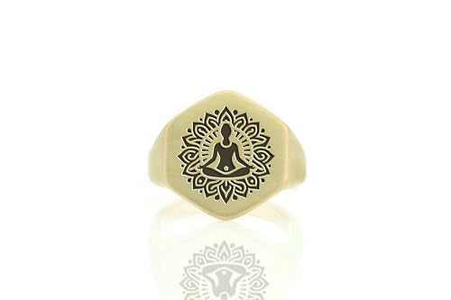 Engraved Yoga Signet Ring - Zen Meditation Gold Jewelry - 14k Bold Statement Ring