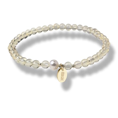 4mm Natural Gemstone Beads Stretch Bracelet for Women, With Freshwater Pearls, Energy Gem Birthday Gift for Her 7.2” - color: Yellow
