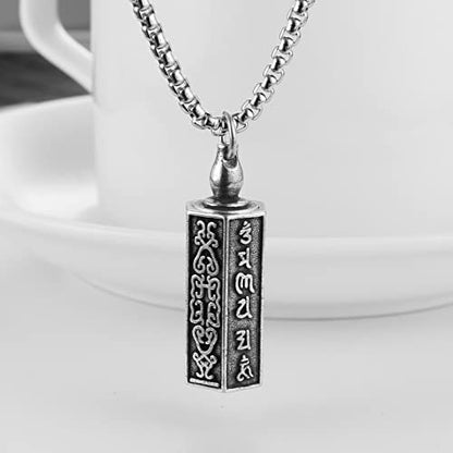 HZMAN Tibetan Buddhism Meditation Stainless Steel Pendant Commemorative Cremation Ashes Pill Cylinder Container Necklace 22+2 Inch Chain