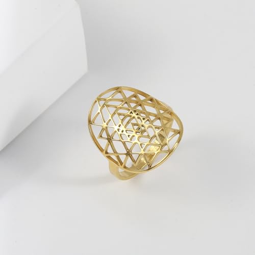 Adjustable Sri Yantra Chakra Ring Sri Yantra Amulet Talisman Pendant Sacred Geometry Ring Hinduism Symbol Sacred Hindu Ring Meditation Jewelry for Women Men - color: gold