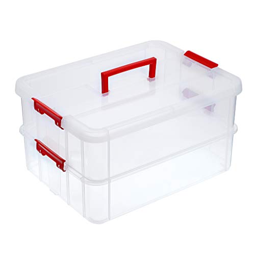 JUXYES 2-Tiers Stack Carry Storage Box With Handle, Transparent Stackable Storage Bin With Handle Lid Latching Storage Container for School & Office Supplies (Red) - color: Red