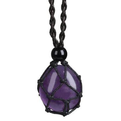 Natural unprocessed crystal raw stone hand woven rope adjustable necklace pendant for both men and women - color: A-Amethyst 1