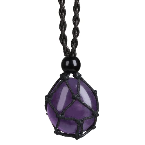 Natural unprocessed crystal raw stone hand woven rope adjustable necklace pendant for both men and women - color: A-Amethyst 1