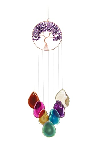 Yoption Amethyst Tree of Life Memorial Wind Chime, Natural Crystal Agate Slices Windchimes for Indoor Outdoor Decoration Ornament, 15.7-17.7 inch - color: Amethyst