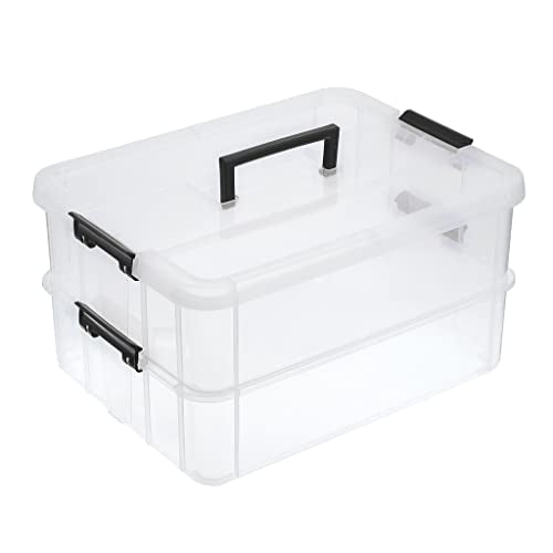 BTSKY 2 Layer Stack & Carry Box, Plastic Multipurpose Portable Storage Container Box Handled Organizer Storage Box for Organizing Stationery, Sewing, Art Craft, Jewelry and Beauty Supplies Black - color: Black