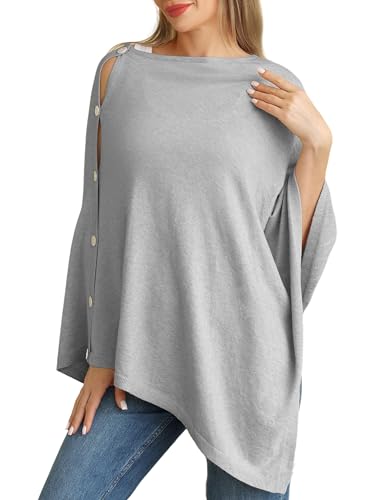 PULI Women's Versatile Knitted Shawls Scarf Poncho Sweater with Buttons Lightweight Spring Summer Fall Wraps - color: Round Neck-grey