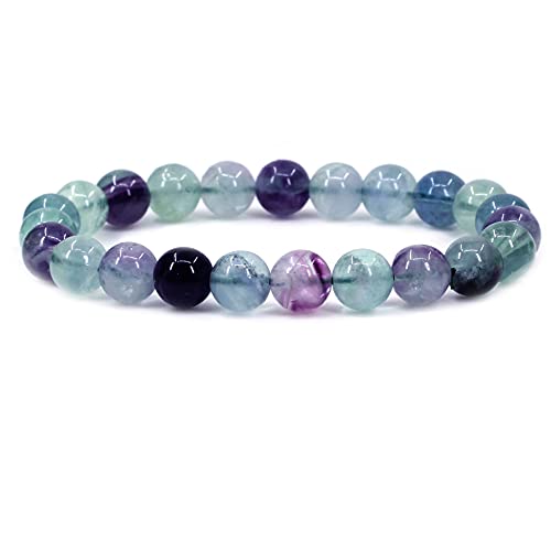 Keleny Gem Semi Precious Gemstones 8mm Natural Stone Round Beads Crystal Stretch Bracelets 7 Inch Unisex - color: 8mm Multicolor Fluorite