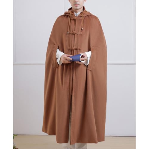 Meditation Prayer Hooded Cloak Long Button Down Unisex Cape Double Layer Warm Medieval Coat Poncho - color: Brown, size: Large