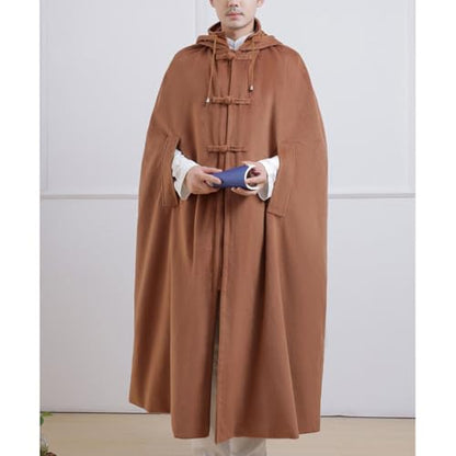 Meditation Prayer Hooded Cloak Long Button Down Unisex Cape Double Layer Warm Medieval Coat Poncho - color: Brown, size: Large
