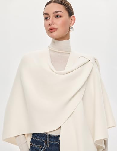 PULI Womens Large Cross Front Poncho Sweater Wrap Topper Knitted Elegant Shawls Cape for Fall Winter - color: Extra Warm Ivory White
